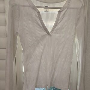 Maeve White Ribbed Long Sleeve V-Neck Top